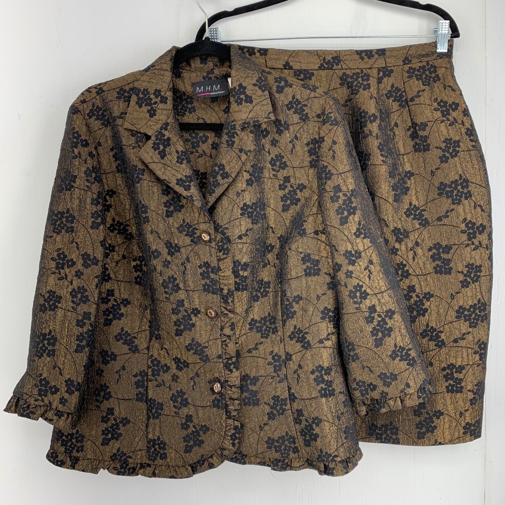 Vtg Goth Dark Academia Whimsigoth Gold Black Floral Brocade Skirt Suit Set Sz 14